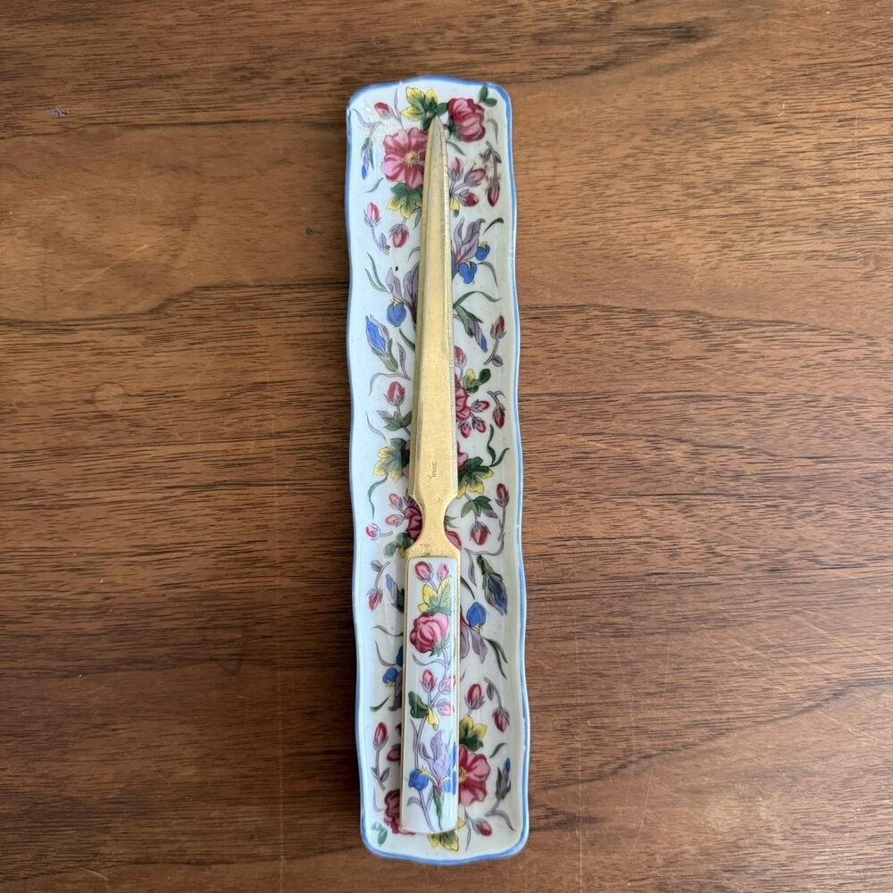 “Prima” Pattern Letter Opener w/Tray Otagiri Japan Porcelain Gold Tone Vintage
